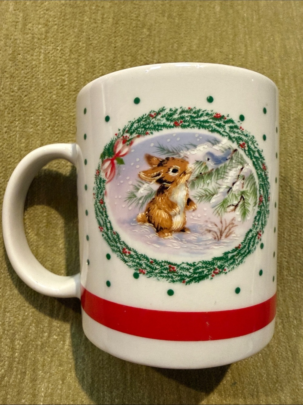 Winter Christmas Mug Baby Bunny Rabbit and Blue Bird in Oval Wreath